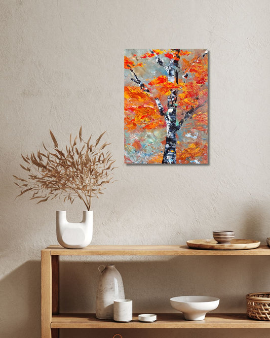 Original 9 by 12 inch acrylic painting on a 1.5 inch deep canvas by Ottawa artist Mireille Laroche  depicting a semi-abstract tree.  Painting on a beige wall above a shelf with decorative items