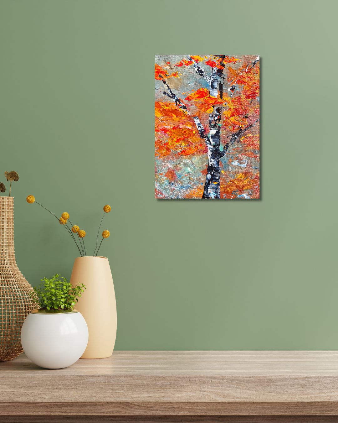 Original 9 by 12 inch acrylic painting on a 1.5 inch deep canvas by Ottawa artist Mireille Laroche  depicting a semi-abstract tree.  Painting on a green wall above a shelf with decorative items
