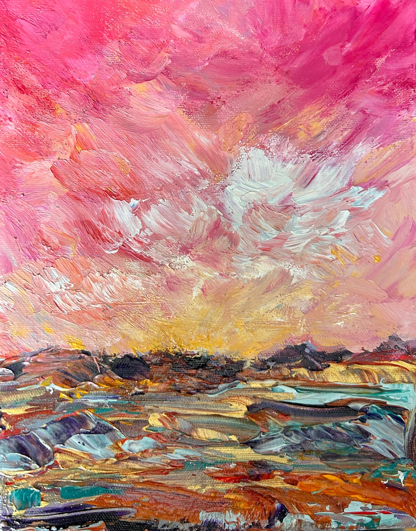 Painting of a landscape with a pink and orange sky by Ottawa artist Mireille Laroche 