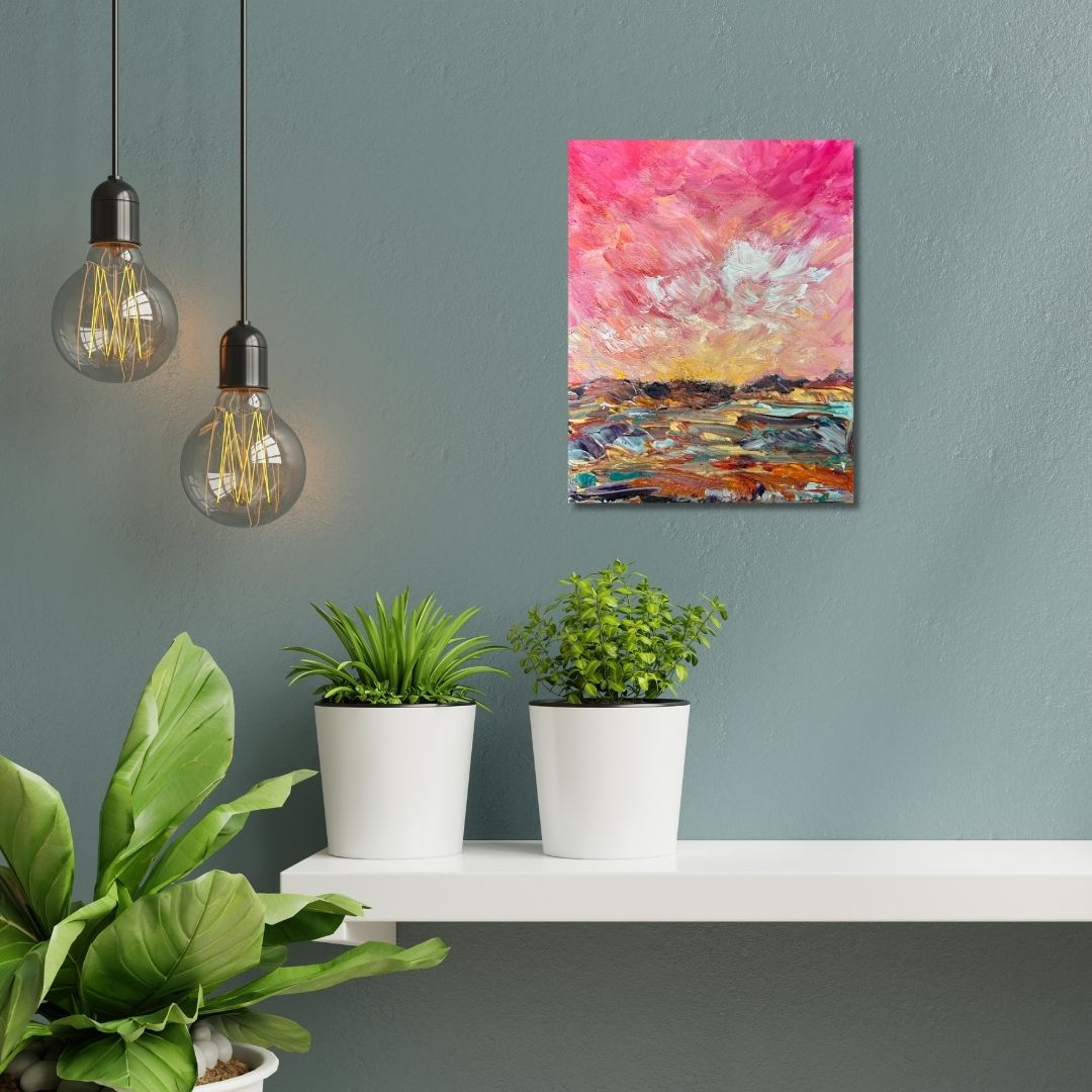 colorful abstract painting by Ottawa artist Mireille Laroche  on a green wall 