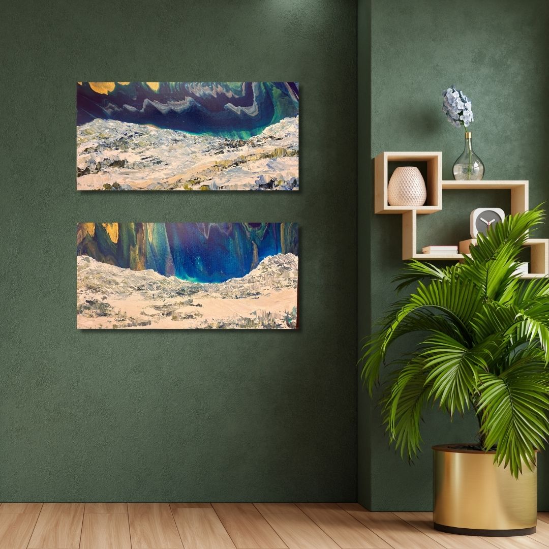 Two landscape paintings on a green wall with a plant and shelves below By Ottawa artist Mireille Laroche.