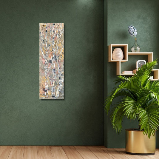 Abstract painting of trees by Ottawa artist Mireille Laroche on a green wall with a plant and shelves below.