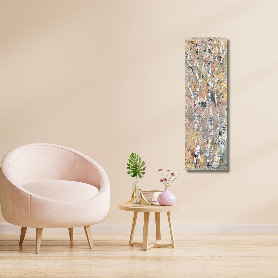 abstract painting of trees by Ottawa artist Mireille Laroche on a beige wall.