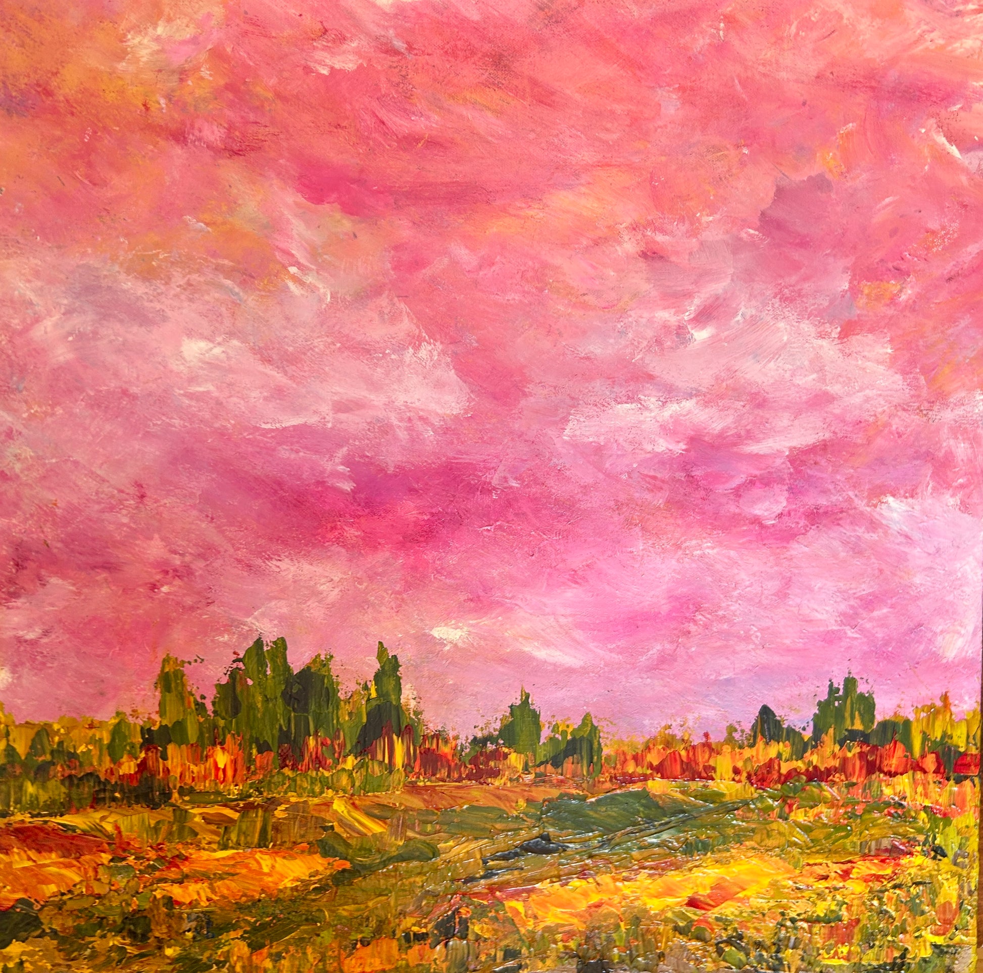 Abstract painting of a landscape with a pink sky by Ottawa artist Mireille Laroche