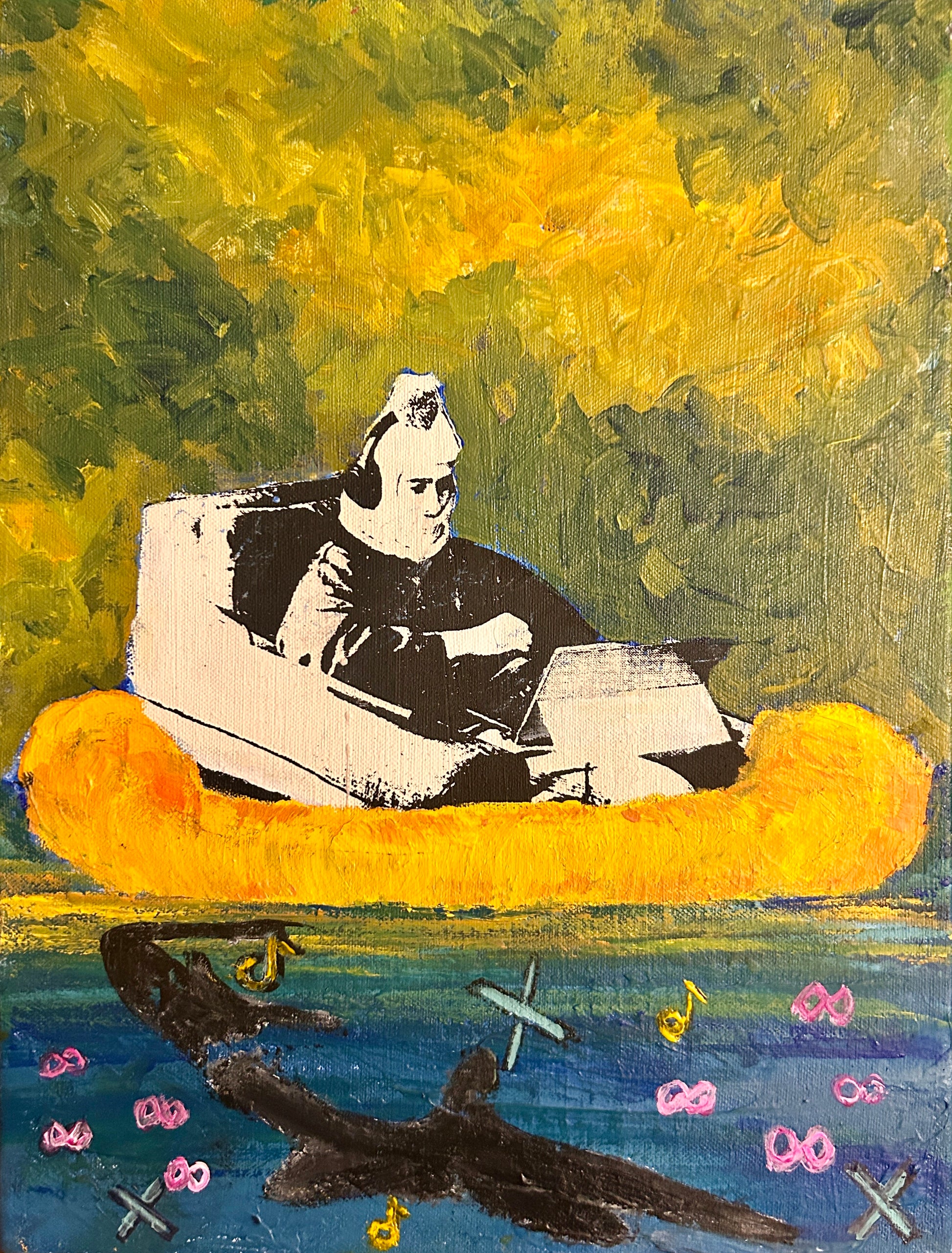 Surreal painting of a person in a chair with headphones, in a inflated boat that protects them from dangerous waters