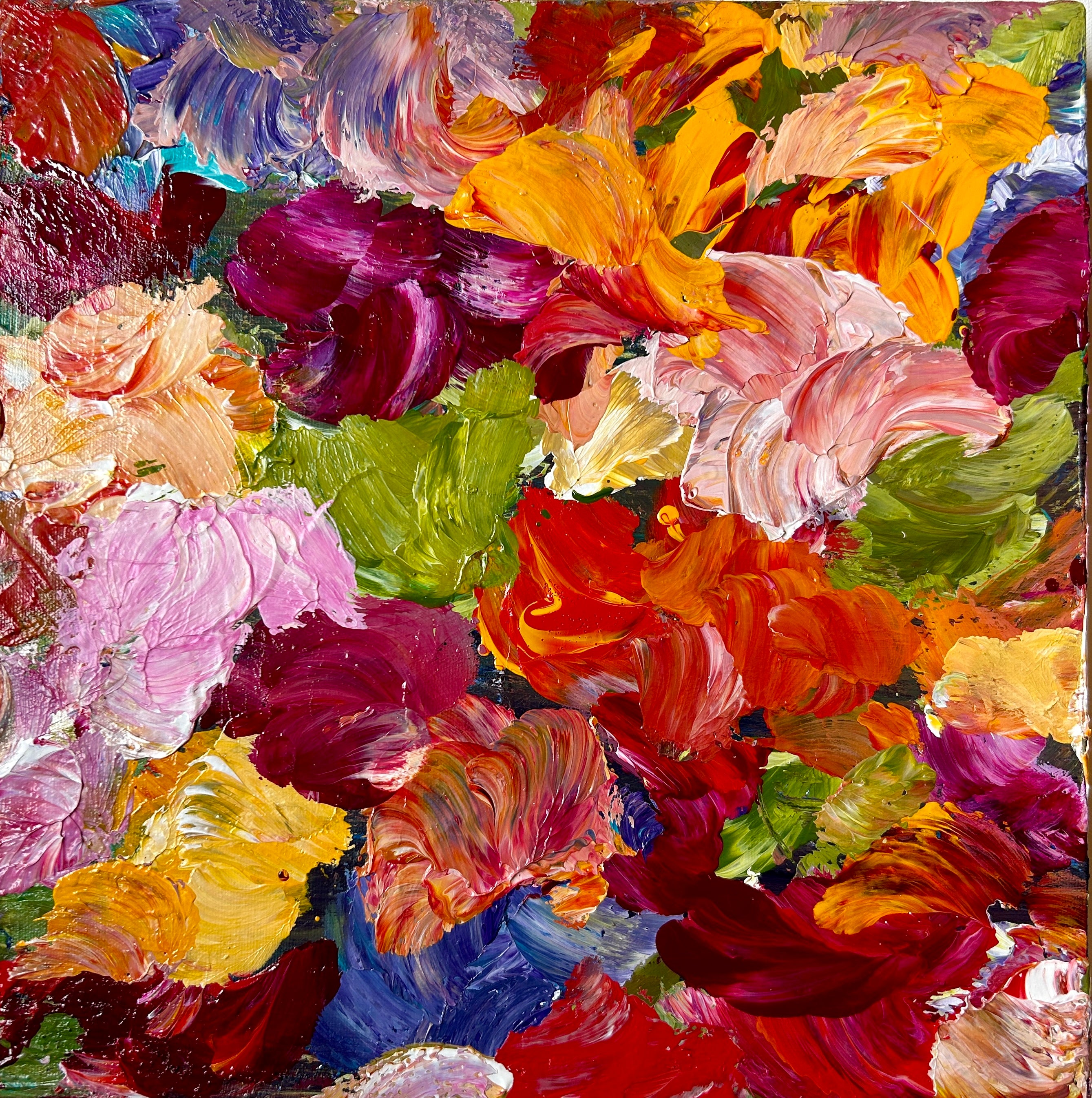 Floral Gardens.  Original acrylic painting by Ottawa-based artist Mireille Laroche, 14 by 14 inch on 1 .5 inch deep canvas