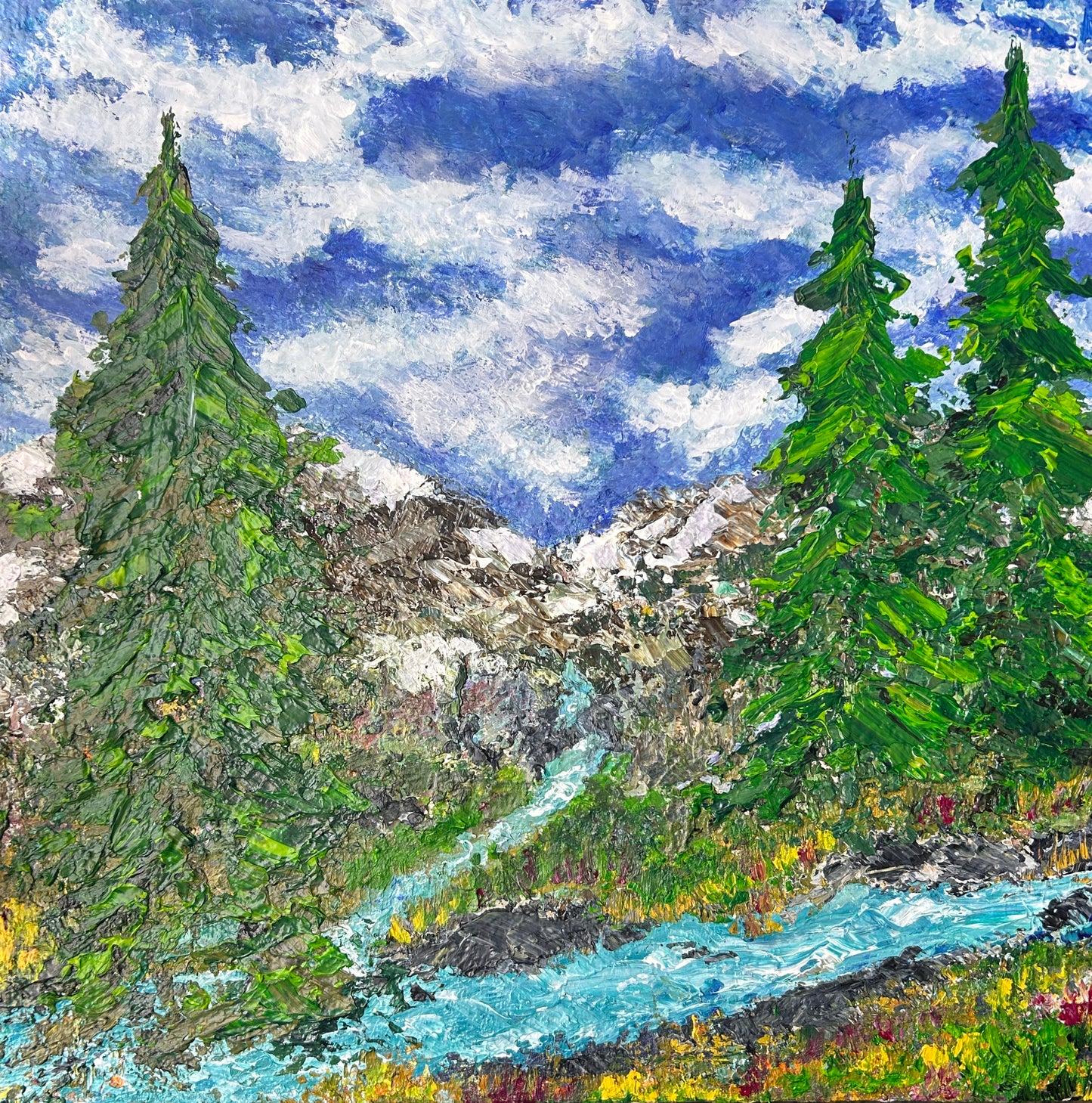 Painting of a mountain landscape with trees and a river by Ottawa artist Mireille Laroche