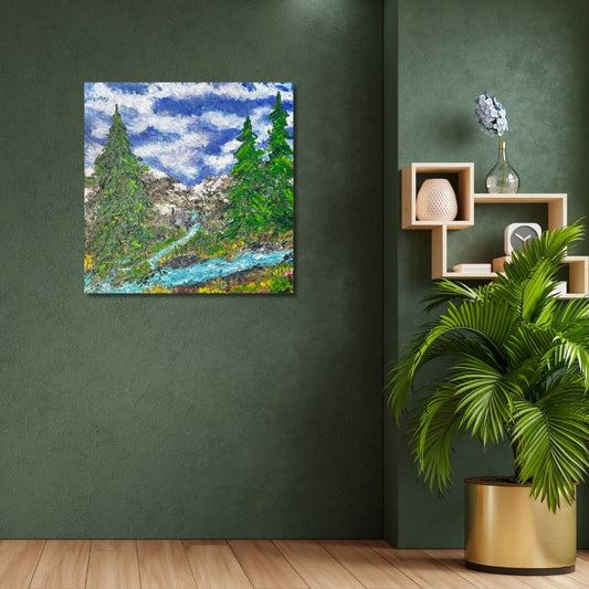 Painting of a mountain landscape with trees and a river by Ottawa artist Mireille Laroche on a green wall