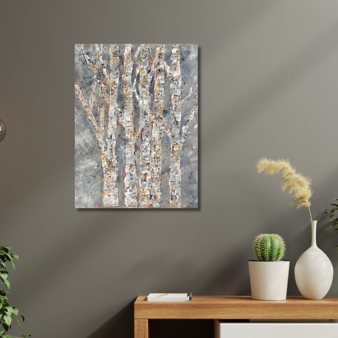 Abstract painting of trees by Ottawa artist Mireille Laroche on a wall above a wooden table with decor items.