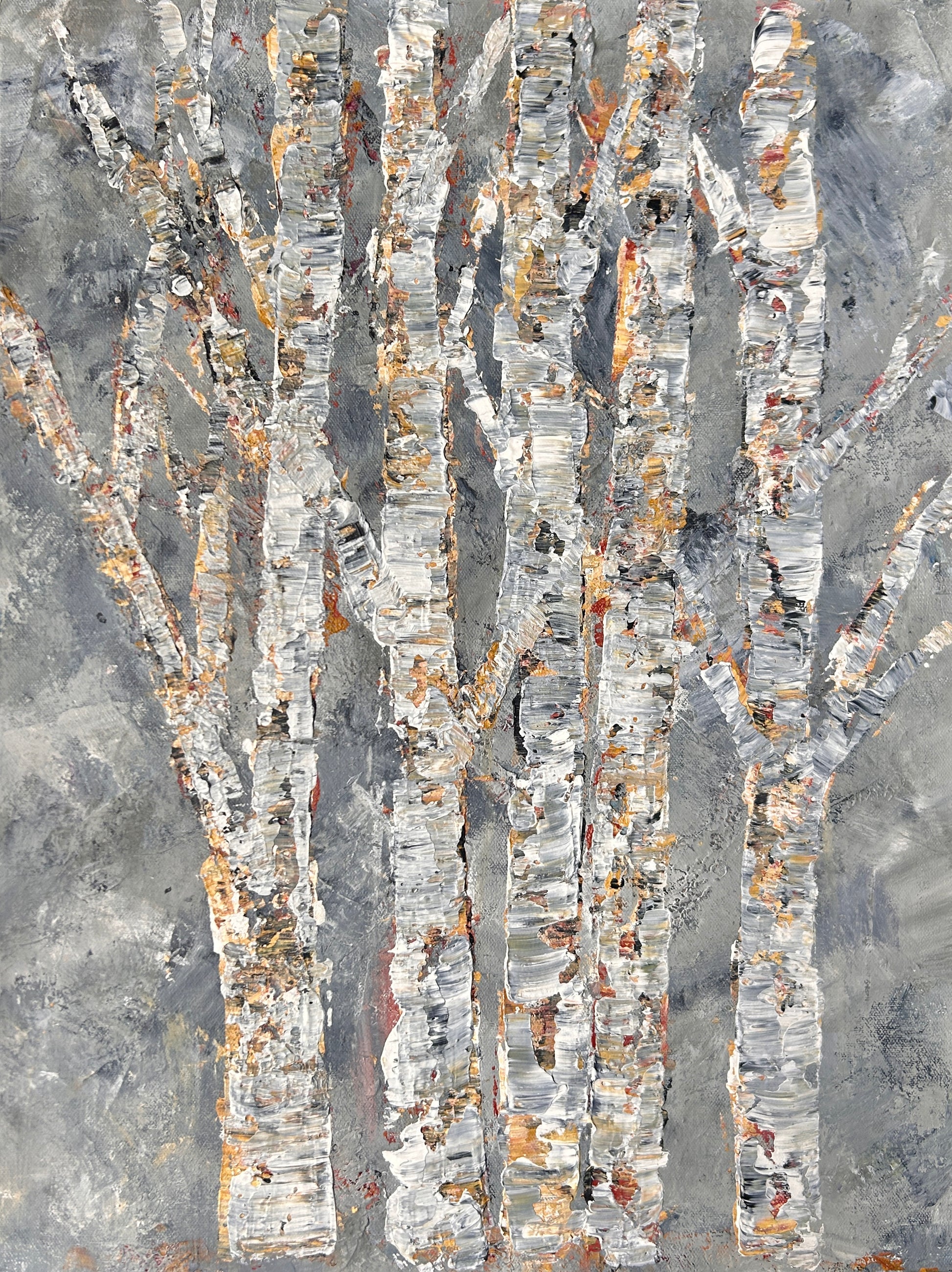 Artistic depiction of birch trees with textured gray background by Ottawa artist Mireille Laroche