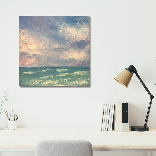 Serene painting by Ottawa artist Mireille Laroche over a desk with a lamp, books, and a chairl.