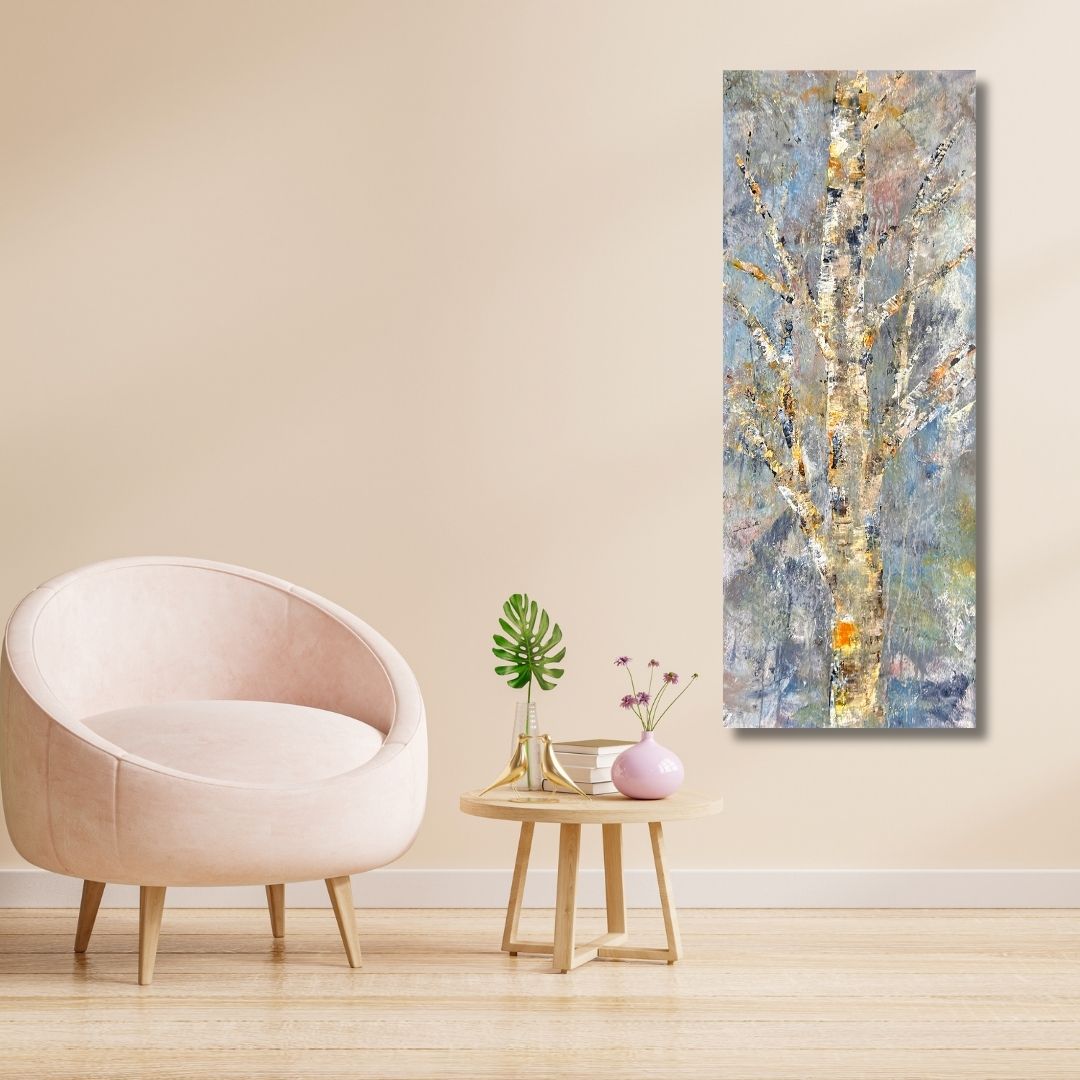 Abstract tree painting by Ottawa artist Mireille Laroche on a wall.