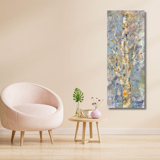 Abstract tree painting by Ottawa artist Mireille Laroche on a wall.