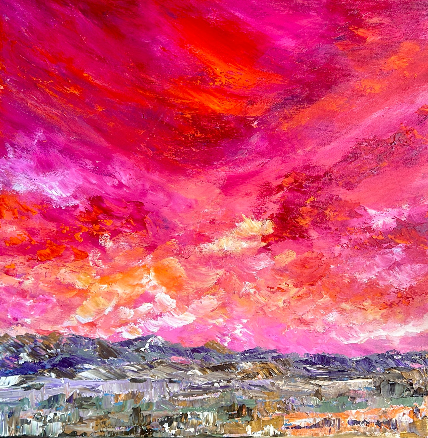Abstract painting of a pink and red sky over a mountain landscape by Ottawa-based artist Mireille Laroche