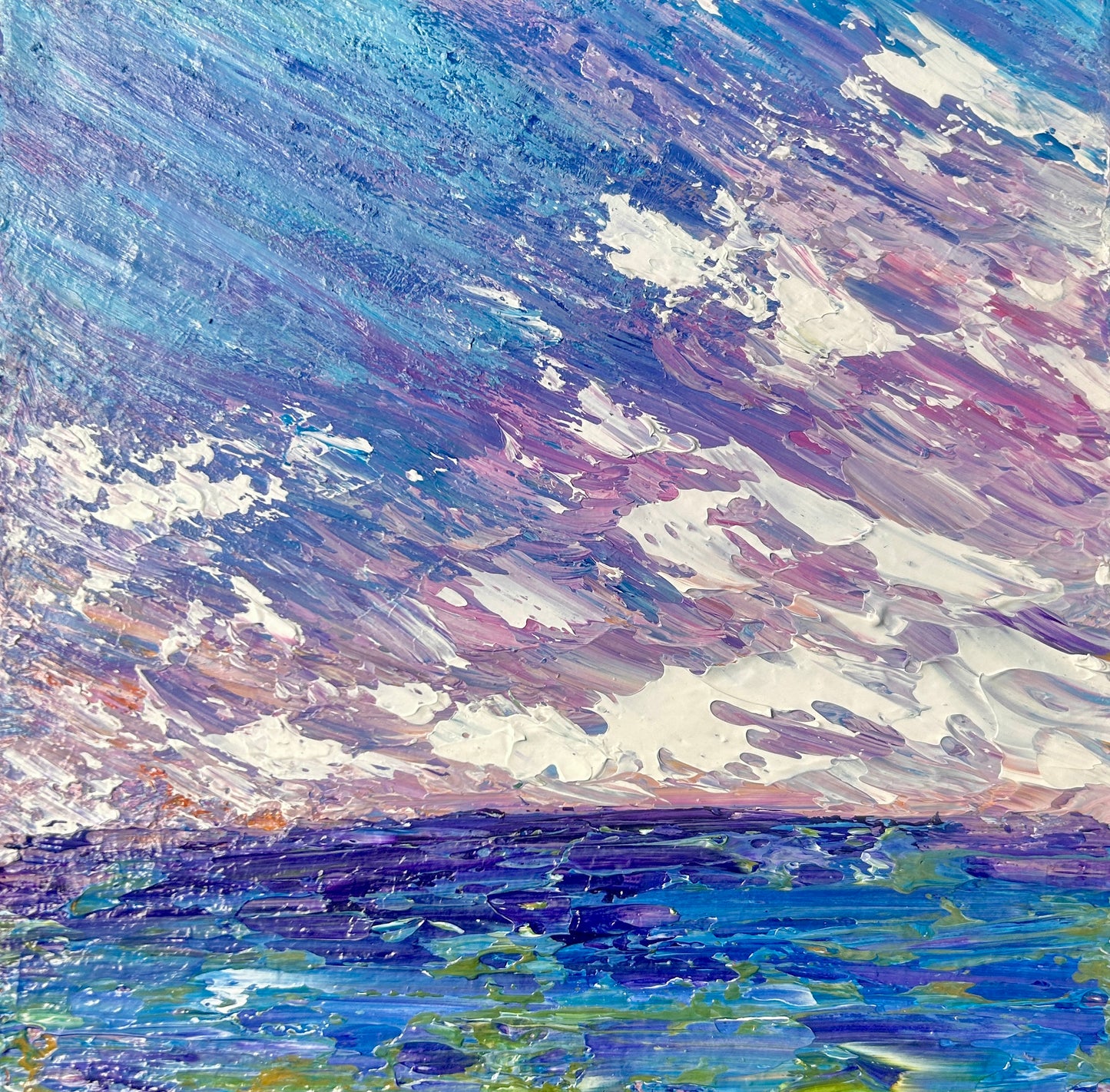 Abstract painting of a landscape with blue, purple, and white hues. by Ottawa artist Mireille Laroche
