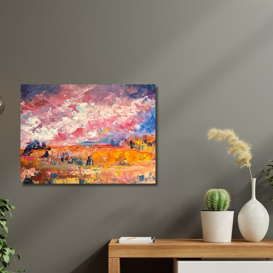 Colorful abstract painting  by Ottawa artist Mireille Laroche on a gray wall above a wooden shelf with decorative items.
