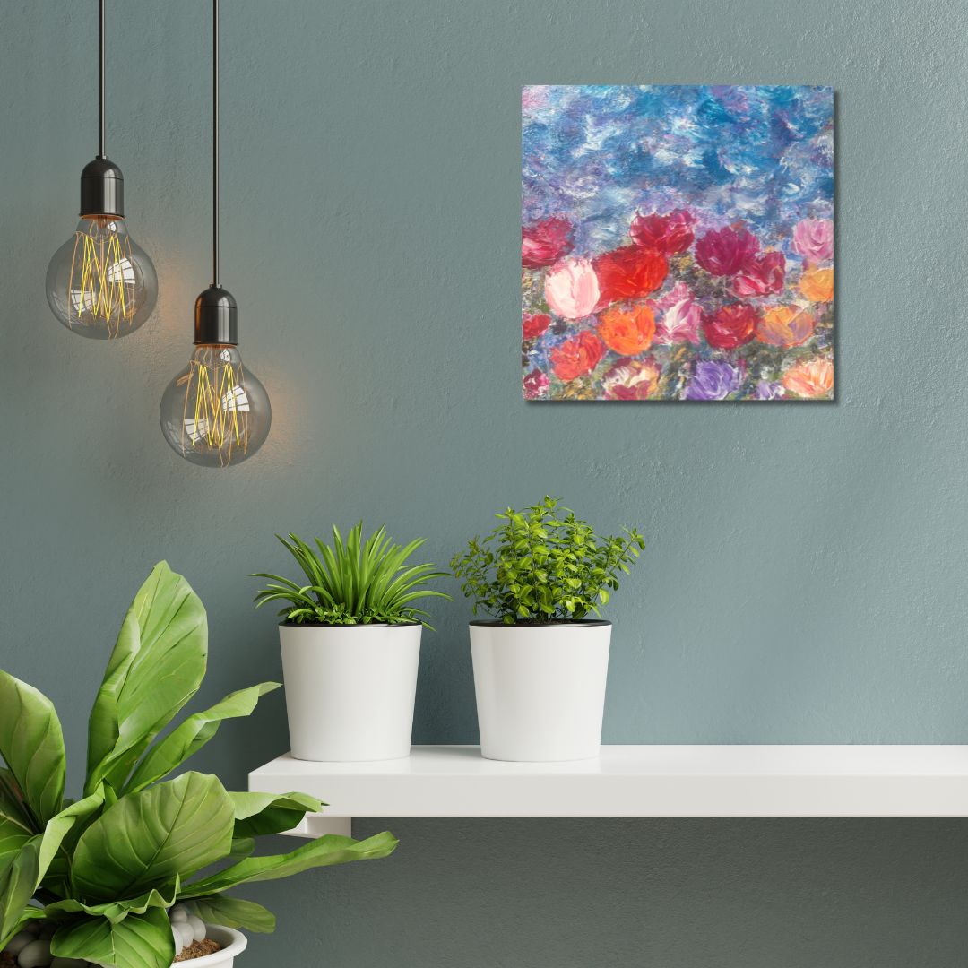 Room interior with a floral painting by Ottawa artist Mireille Laroche,  potted plants, and hanging light bulbs.