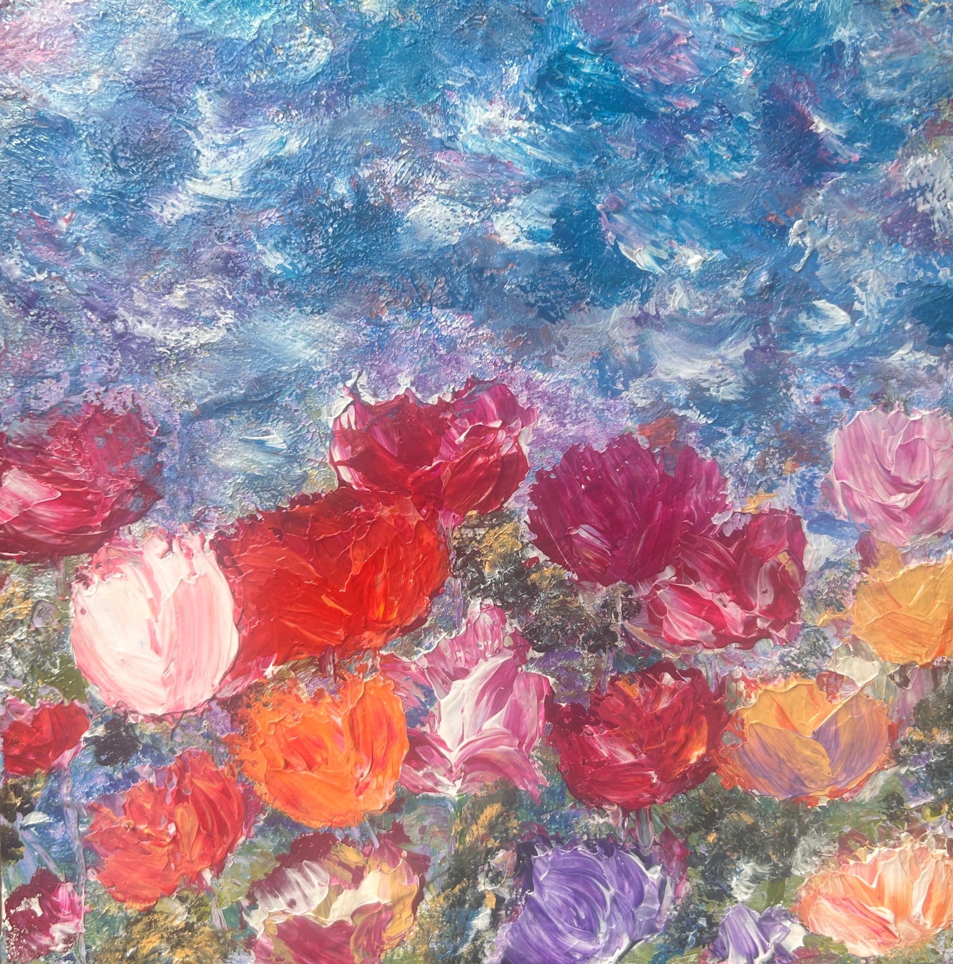 Colorful floral painting with a textured background by Ottawa artist Mireille Laroche