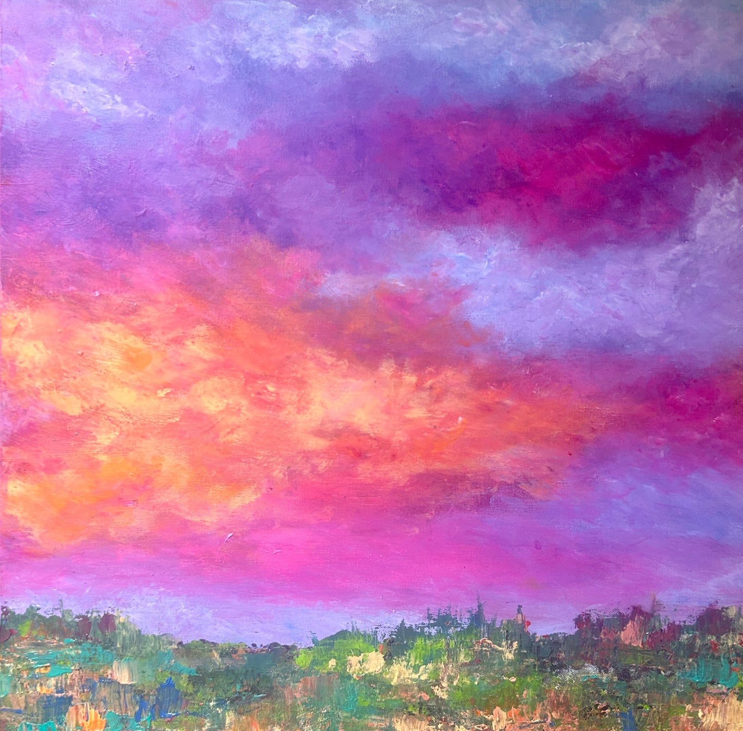 Colorful abstract painting of a sky with pink, purple, and orange hues by Ottawa artist Mireille Laroche.