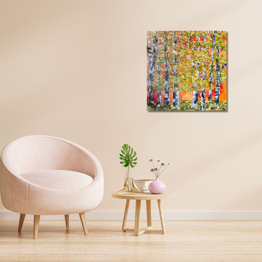 Living room with a pink armchair, small table, and abstract painting depicting trees by Ottawa-based artist MIREILLE LAROCHE on the wall.
