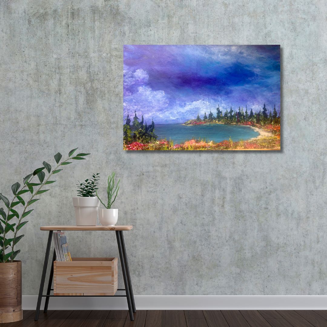Semi-abstract Landscape painting of a lake with trees and flowers by Ottawa artist Mireille Laroche  on a textured wall above a wooden side table with plants.