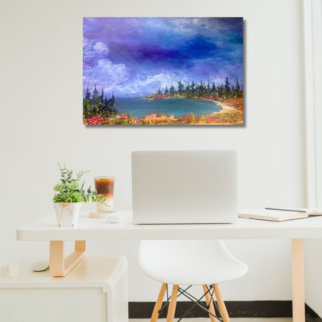 Semi-abstract Landscape painting of a lake with trees and flowers by Ottawa artist Mireille Laroche  on a white wall above a desk.