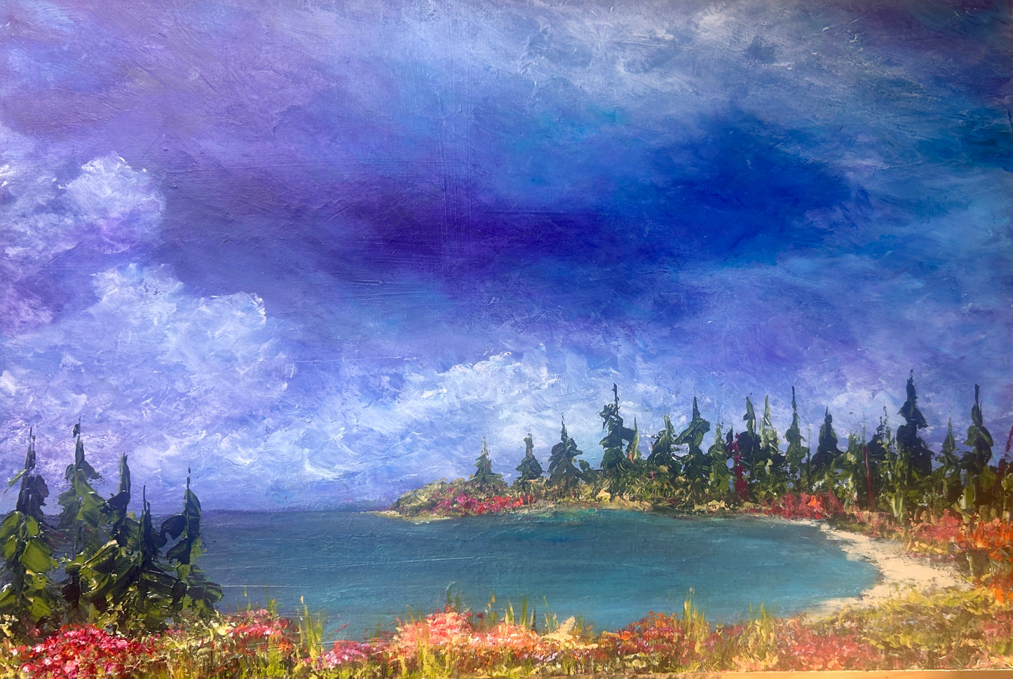 Semi-abstract Landscape painting of a lake with trees and flowers by Ottawa artist Mireille Laroche 