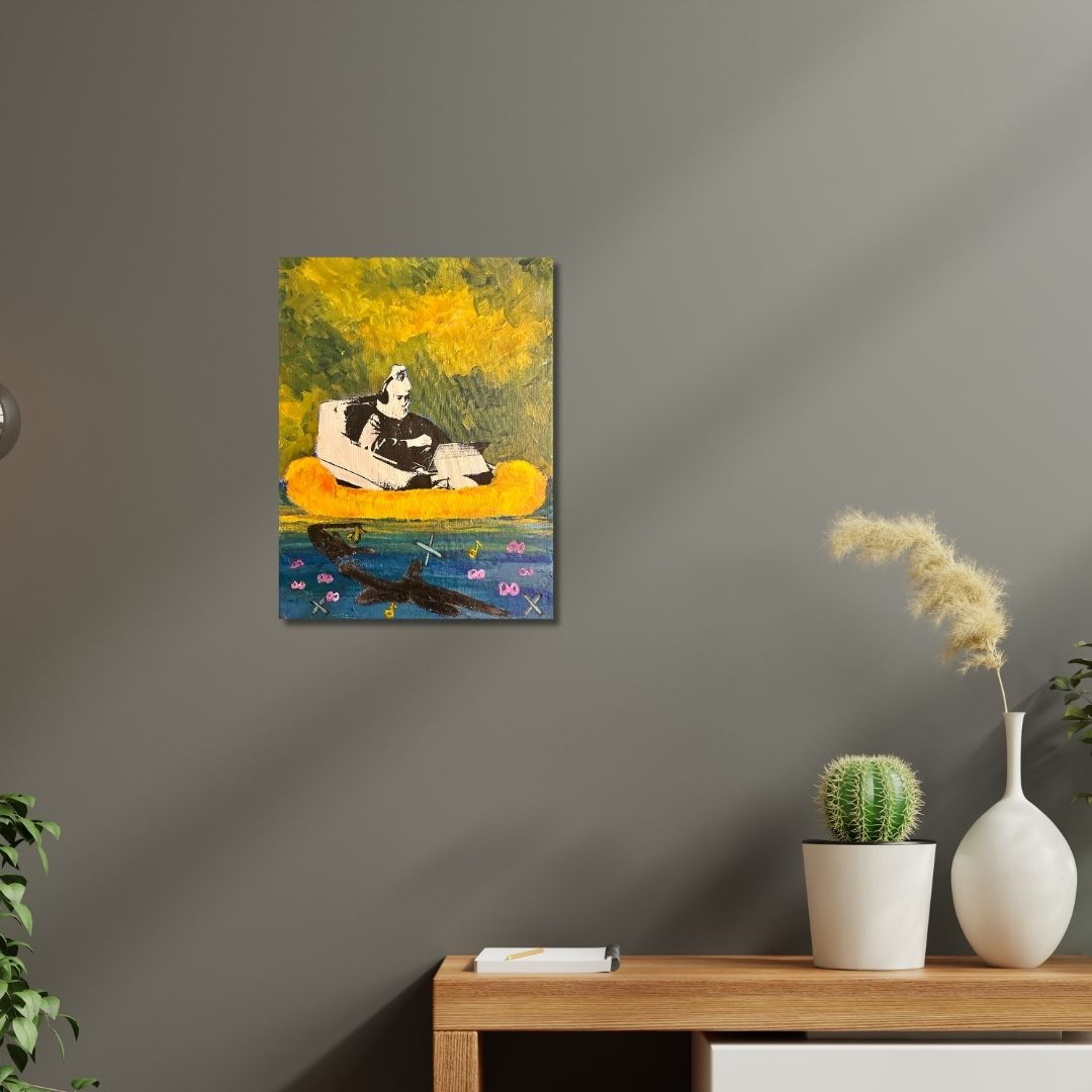 Original mixed media painting by Ottawa artist Mireille Laroche on a wall by a table and plants
