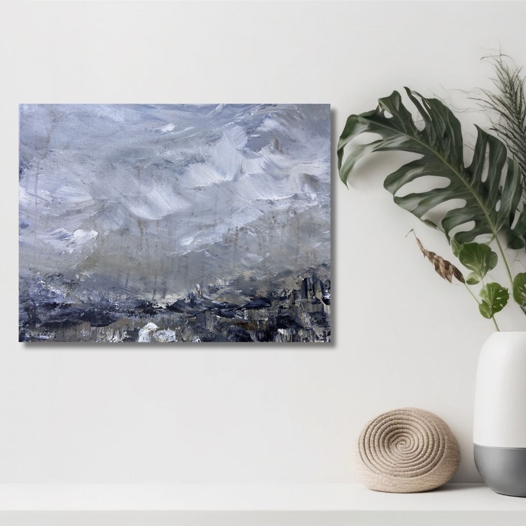 Abstract landscape painting by Ottawa artist Mireille Laroche on a wall with decorative items below