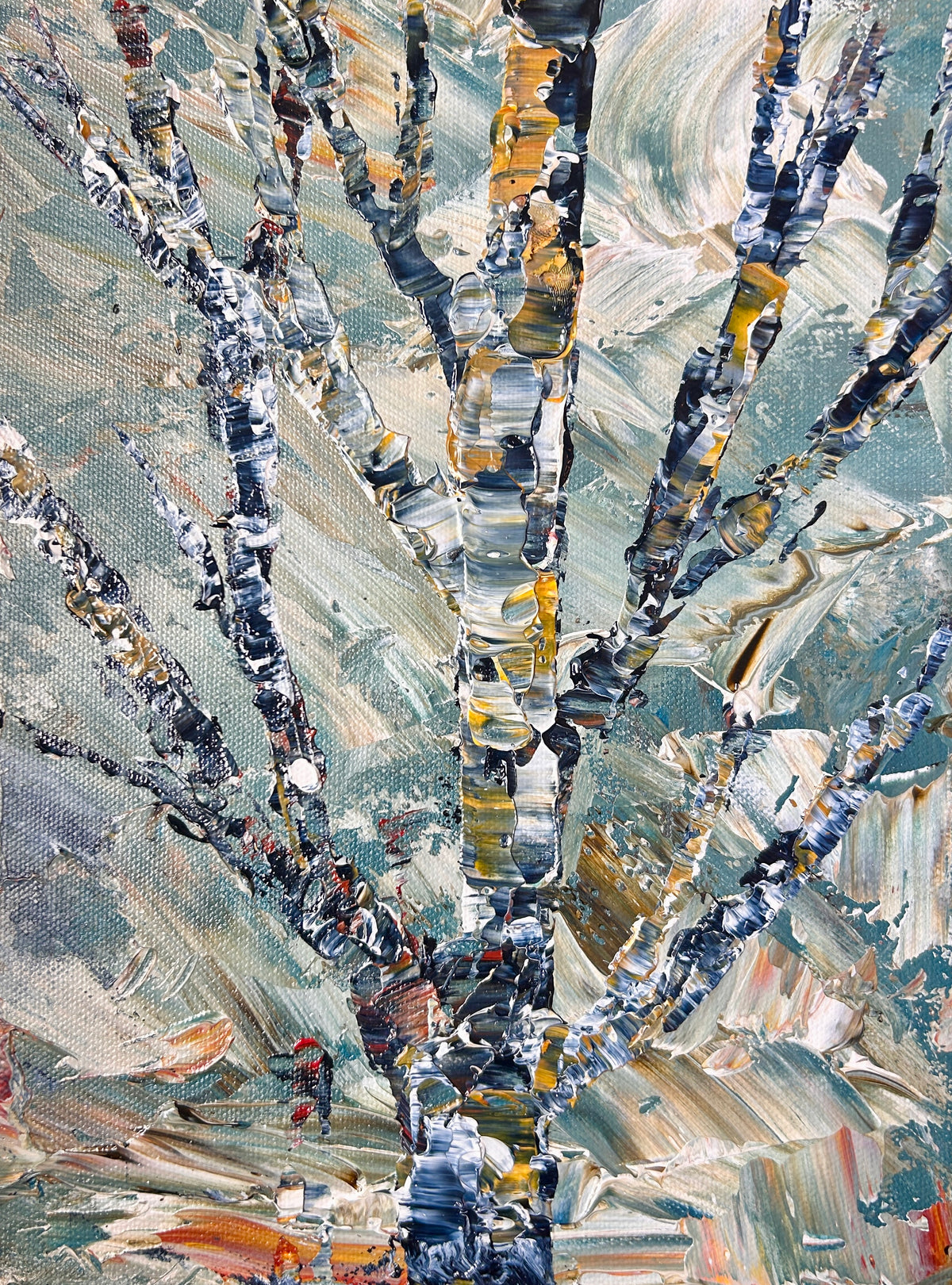 Original 9 by 12 inch acrylic painting on a 1.5 inch deep canvas by Ottawa artist Mireille Laroche  depicting a semi-abstract tree.  