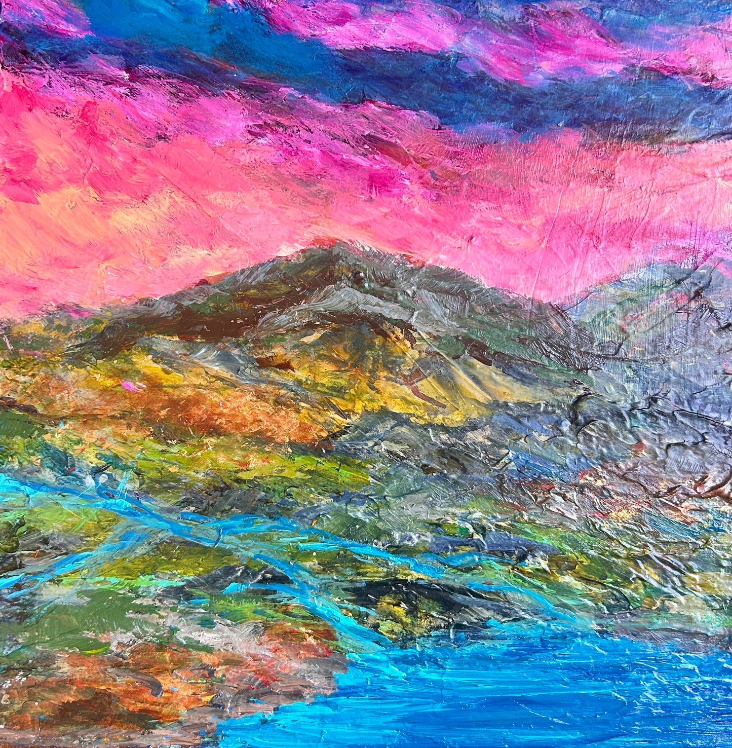 A colorful abstract landscape artwork by Ottawa artist Mireille Laroche
