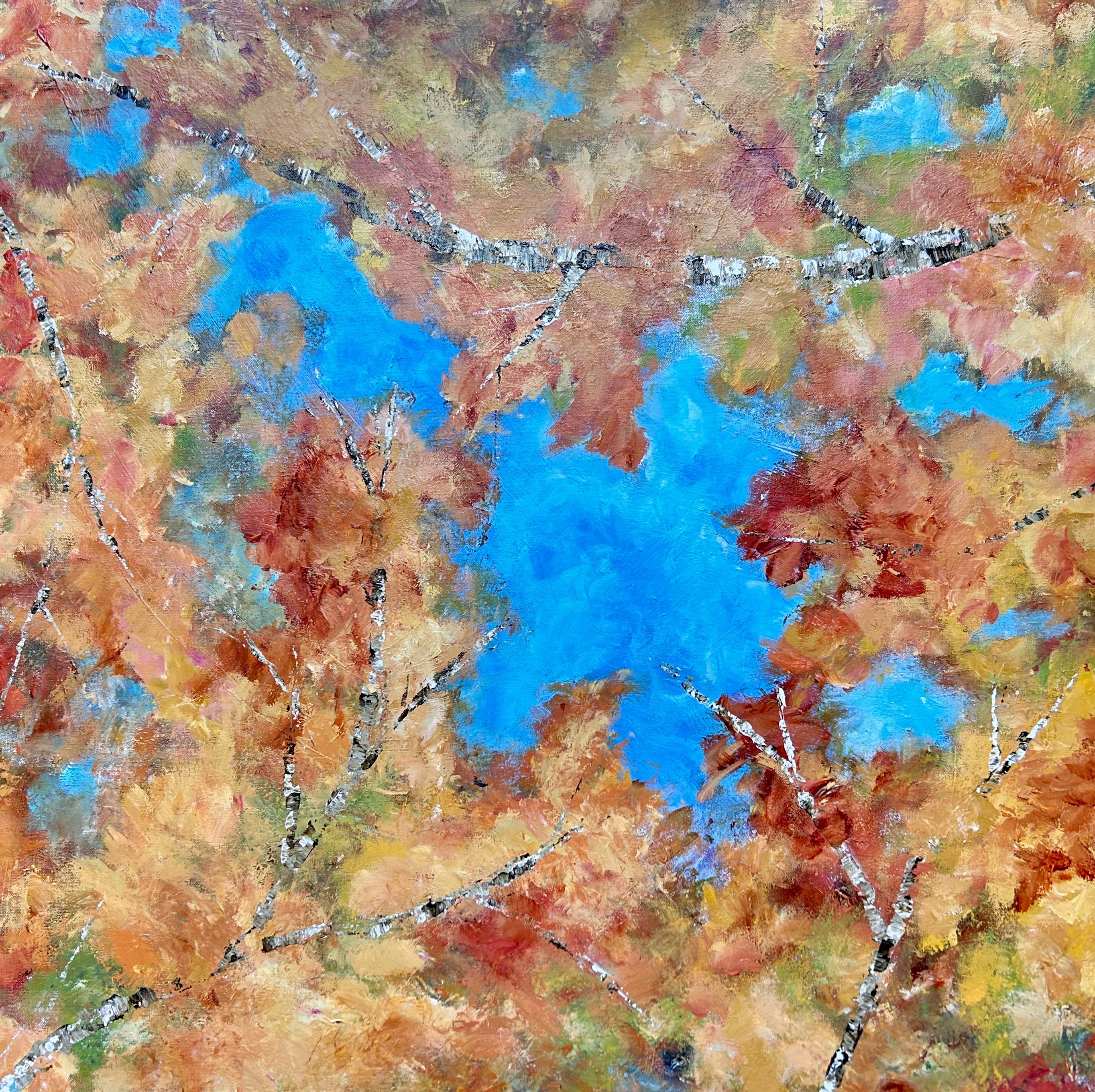 depiction of autumn trees with a blue sky background. by Ottawa artist Mireille Laroche