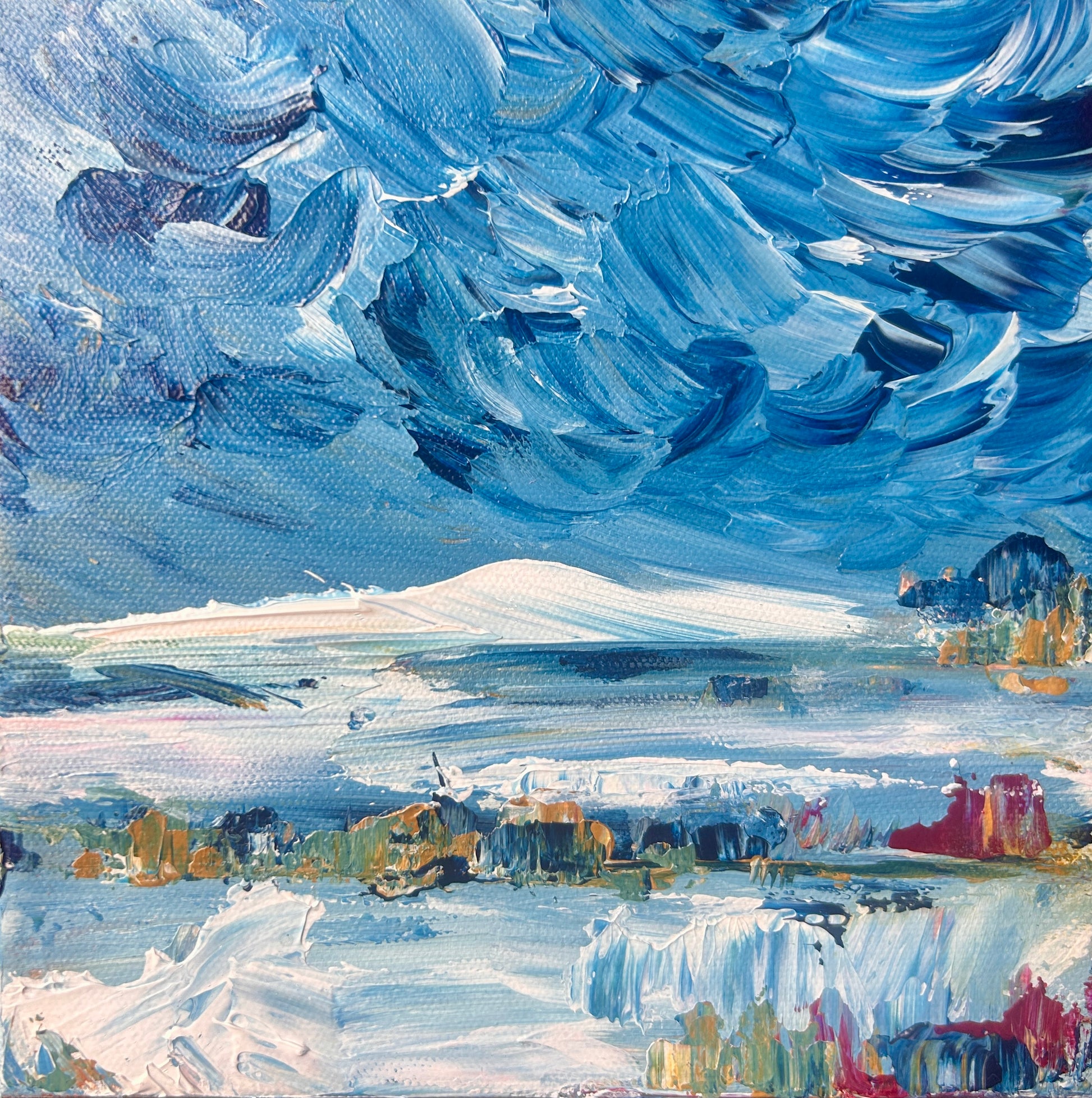 Depiction of a snowy landscape with blue sky and distant mountains by Ottawa artist Mireille Laroche