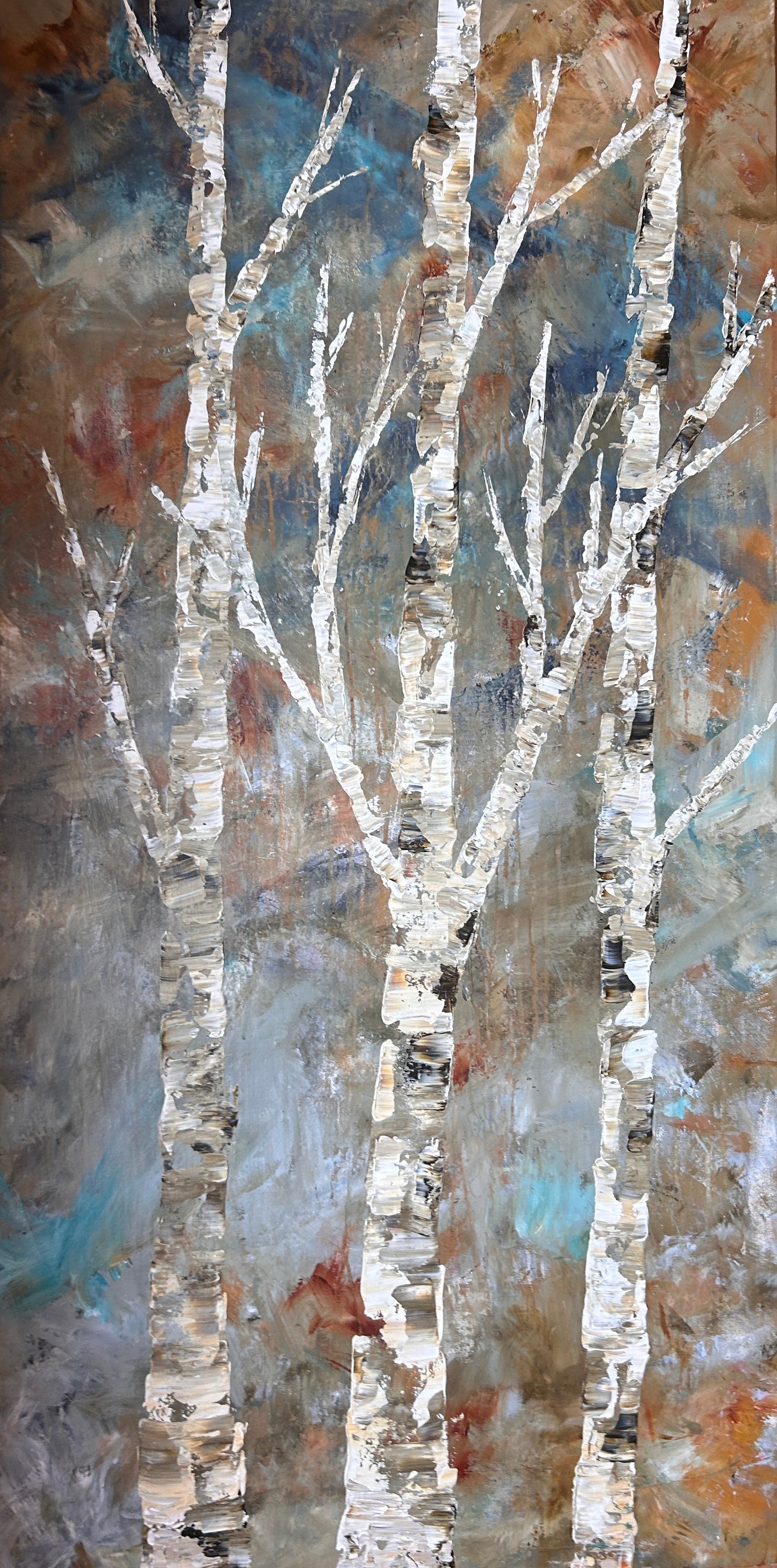 Abstract painting of birch trees by Ottawa artist Mireille Laroche 