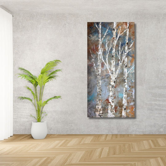 Abstract painting of birch trees by Ottawa artist Mireille Laroche on a wall with a potted plant below.