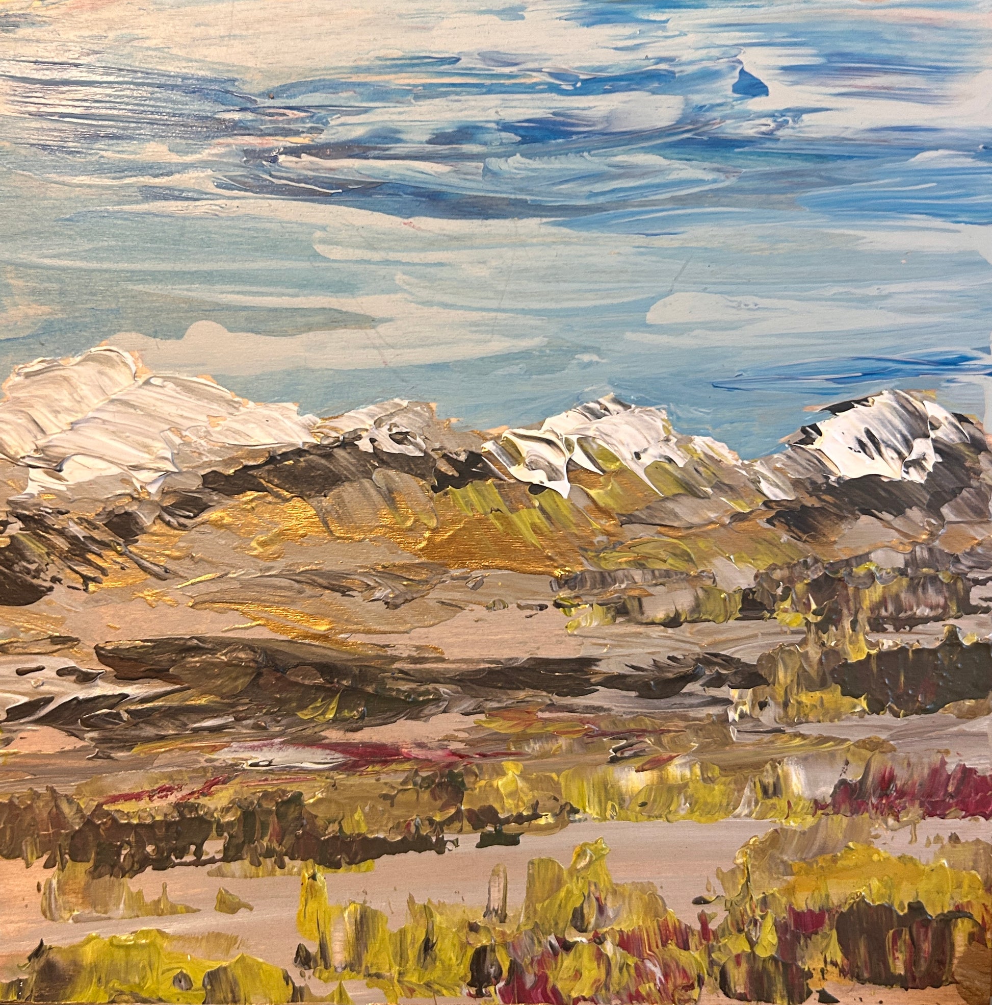 Available 8 by 8 original acrylic on wood panel by Ottawa-based artist Mireille Laroche. Free shipping in Canada.