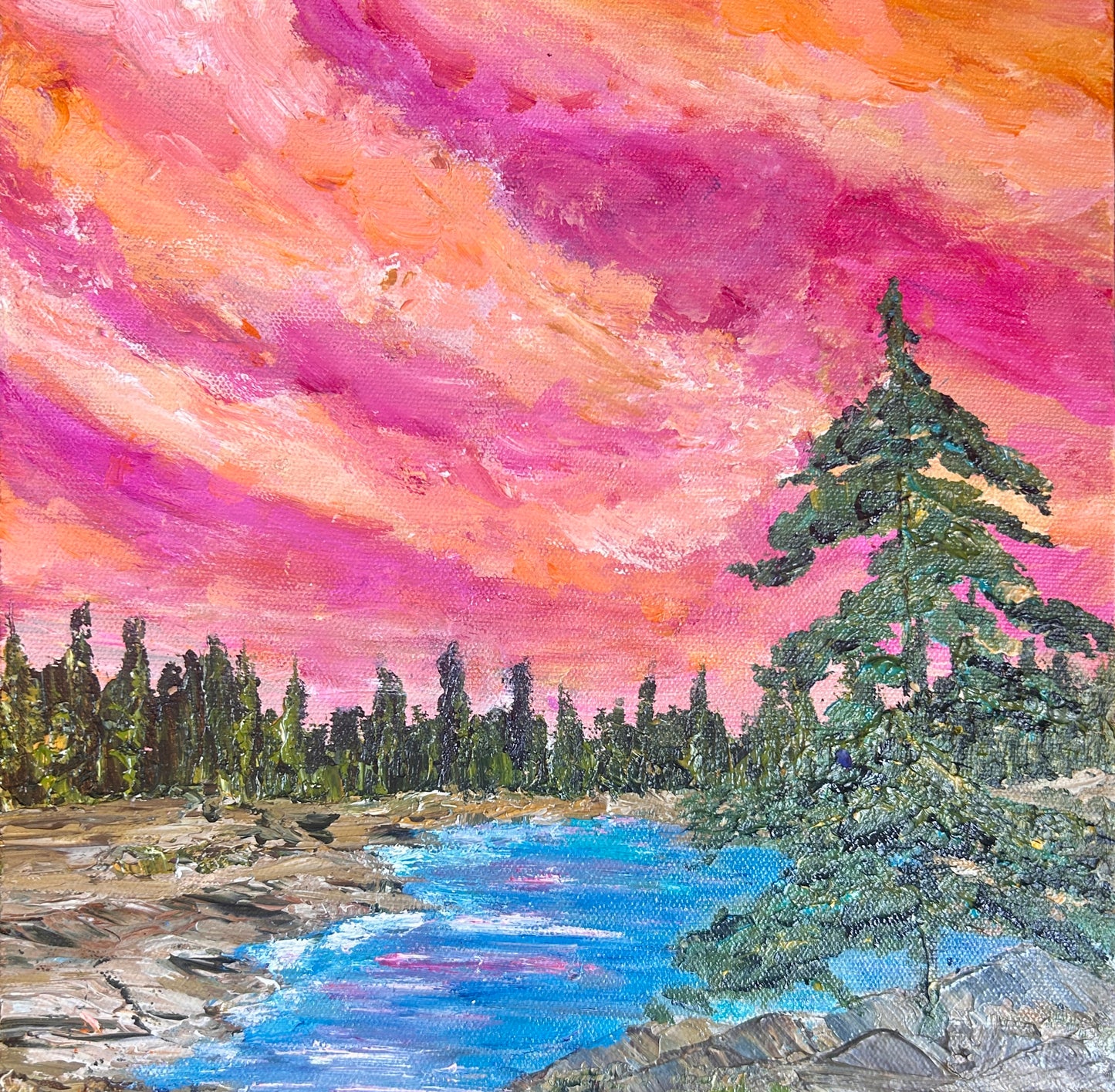 A square canvas artwork depicting a vibrant landscape with a pink and orange sunset sky, a blue river, and green pine trees, by Ottawa artist Mireille Laroche,