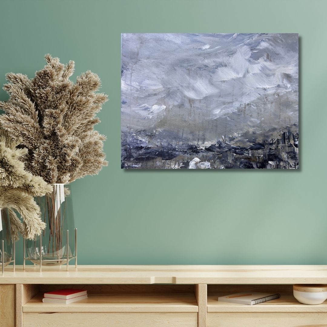 Abstract painting by Ottawa artist Mireille Laroche on a green wall above a wooden shelf with decorative items.