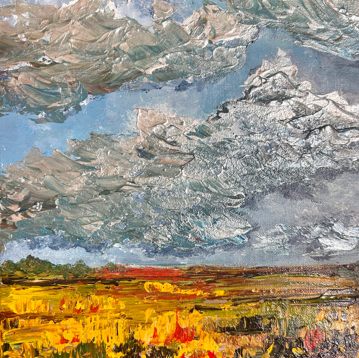 Semi-abstract acrylic by Ottawa artist Mireille Laroche depicting silver clouds over the Prairies.
