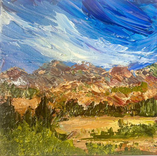 Original acrylic painting of a landscape with trees and a blue sky, painted on a wooden panel by Ottawa-artist Mireille Laroche