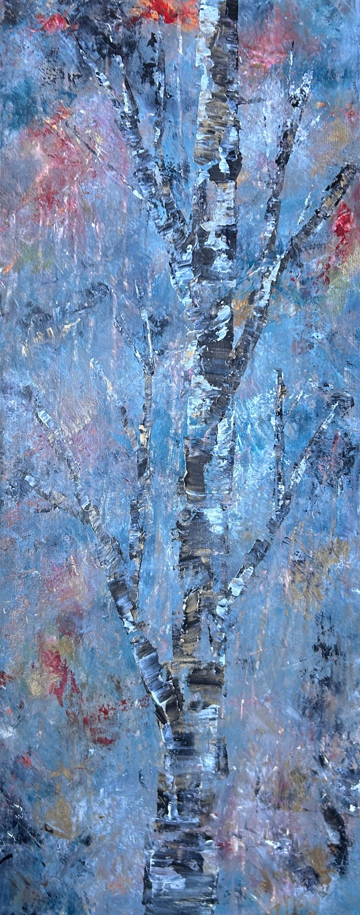 Abstract artwork with a birch tree on a multicolored background by Ottawa artist Mireille Laroche