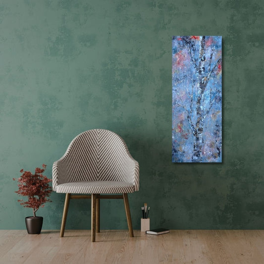 Abstract painting by Ottawa artist Mireille Laroche on a wall and by a chair. 
