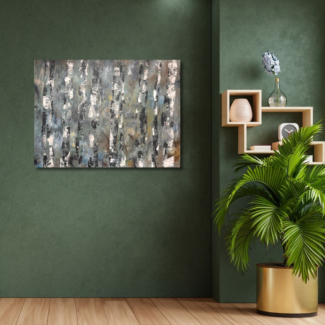 Abstract painting by Ottawa artist Mireille Laroche on a green wall with a plant and shelves below.