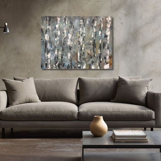 Abstract painting by Ottawa artist Mireille Laroche on the wall above a sofa