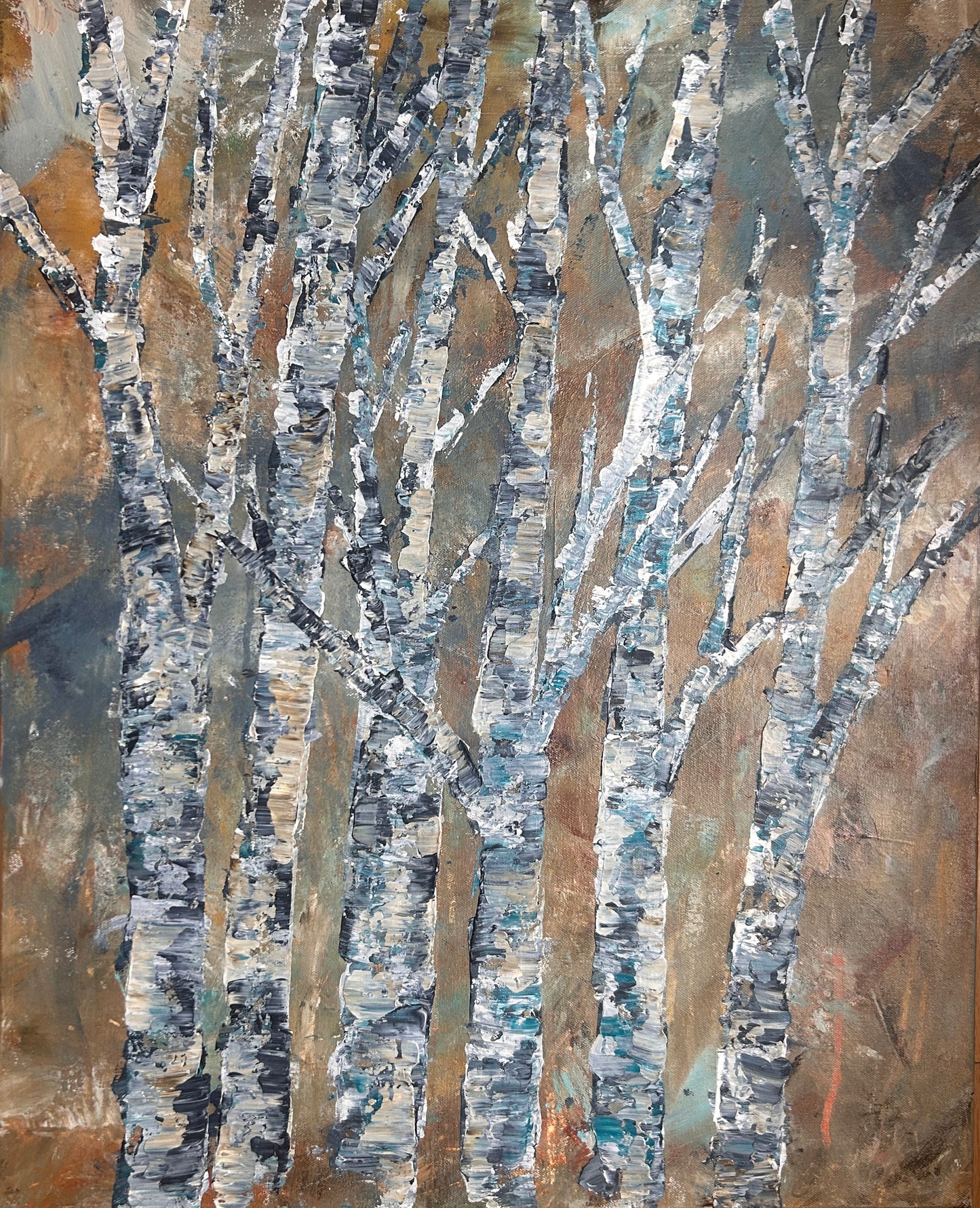 Depiction of birch trees with a focus on bark texture by Ottawa artist Mireille Laroche