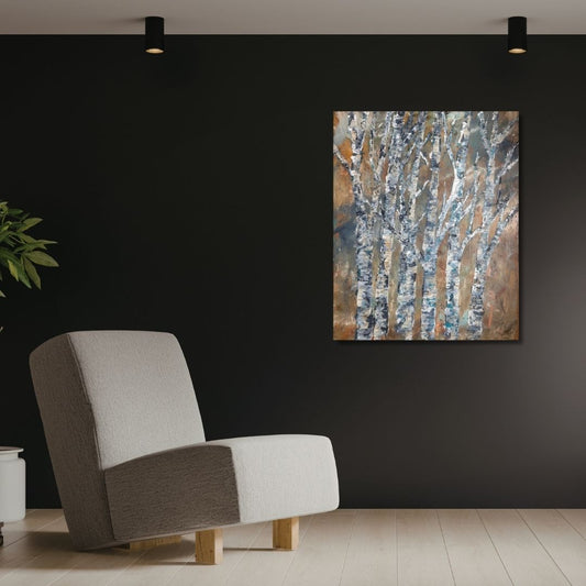 Original acrylic painting by Ottawa artist Mireille Laroche entitled Through It all, 24 by 30 inch on a dark and close to a chair