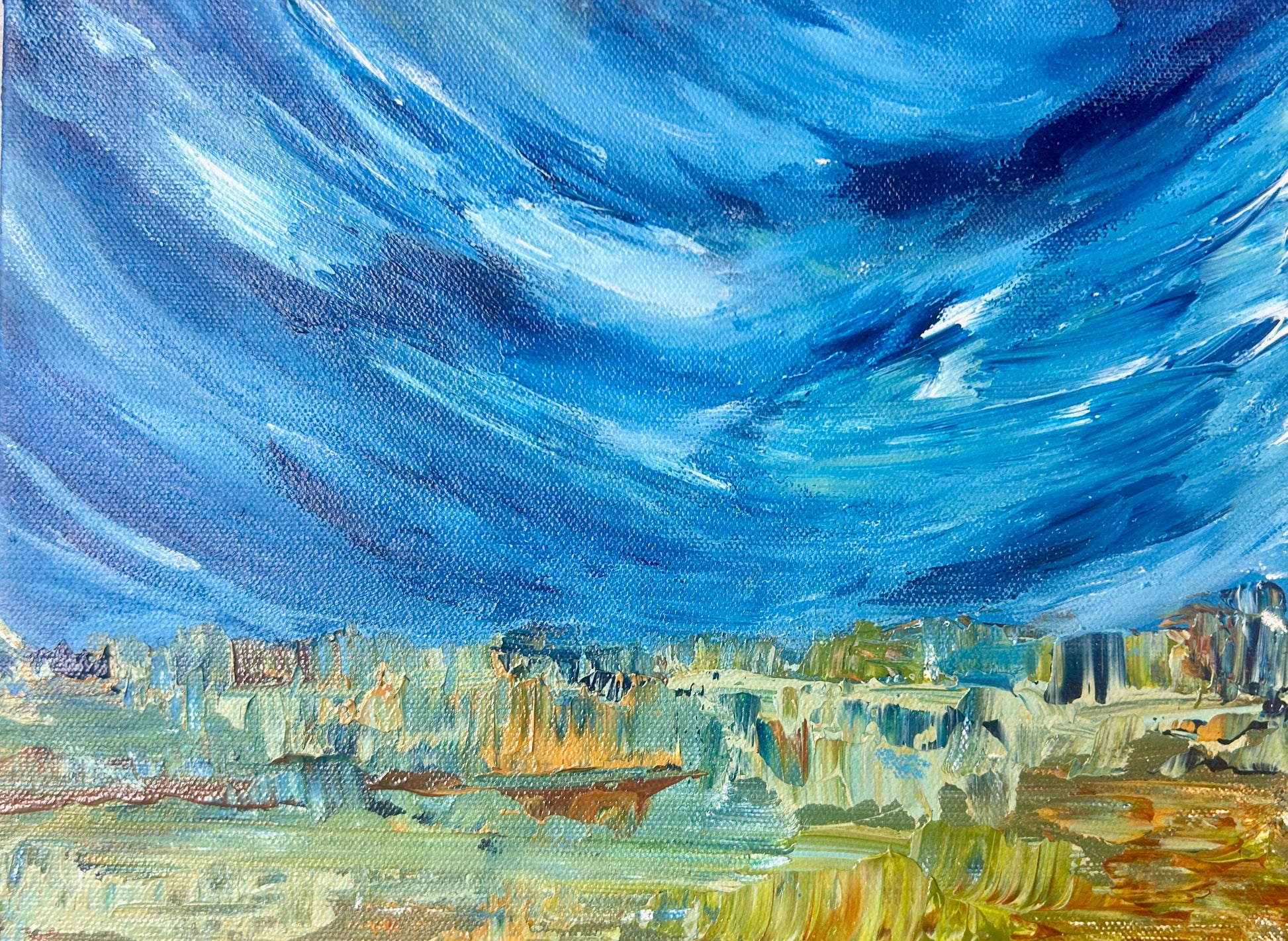 Abstract painting with a blue sky by Ottawa artist Mireille Laroche