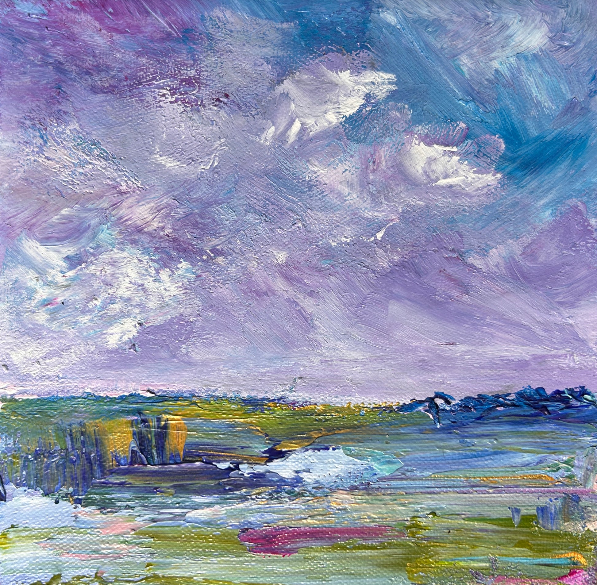 Abstract landscape painting with a purple sky and green fields by Ottawa artist Mireille Laroche