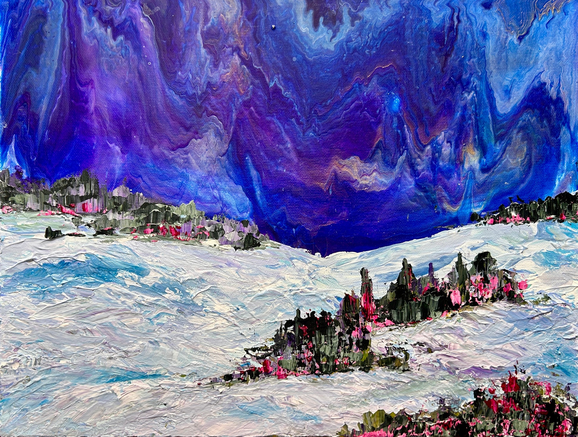 Abstract painting with a large blue and purple sky over a wintery landscape with dark green and pink elements by Ottawa artist Mireille Laroche.