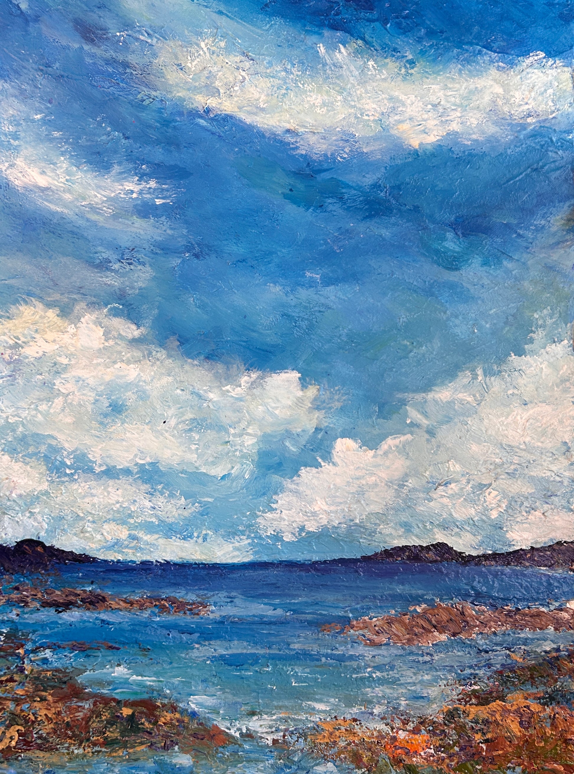Original acrylic painting (18 by 24 inch) of a coastal scene with rocky shore and blue sky with clouds by Ottawa-based artist Mireille Laroche 